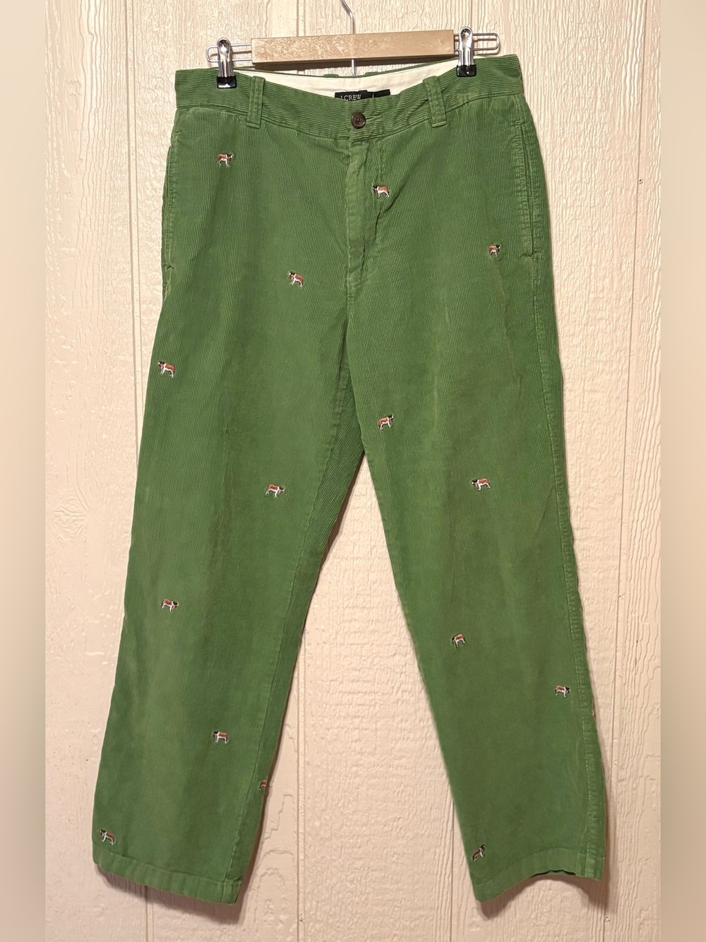 J Crew Saint Bernard Dog Critter Green Corduroy Pants Size 32